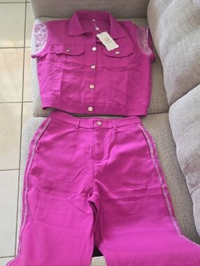 Fuchsia Purple Two Piece Set Rhinestone Trim Crop Jacket Pants Outfit